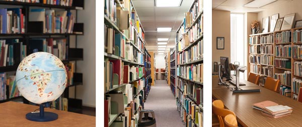 Globe on left, shelf collection on centre, OHEC room on right