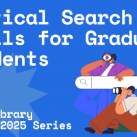 Image with the text "Critical Search Skills for Graduate Students" and a drawing of students studying.