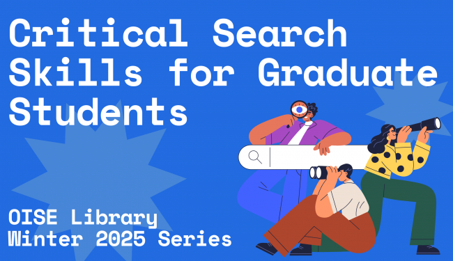 Image with the text "Critical Search Skills for Graduate Students" and a drawing of students studying.